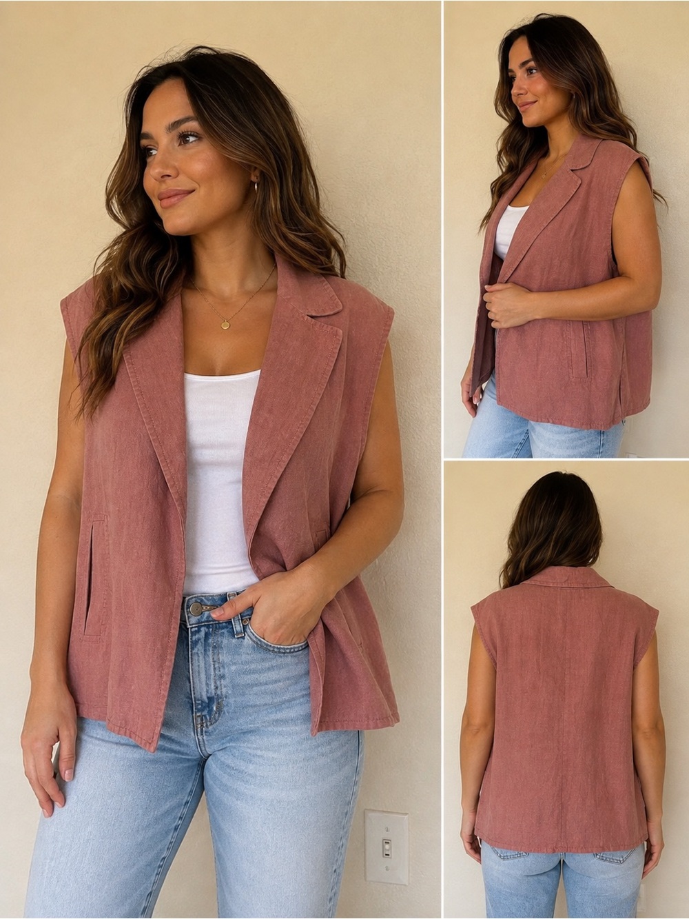 Zara Dusty Rose Linen Look Blazer Vest Sleeveless Tailored Utility Core L
